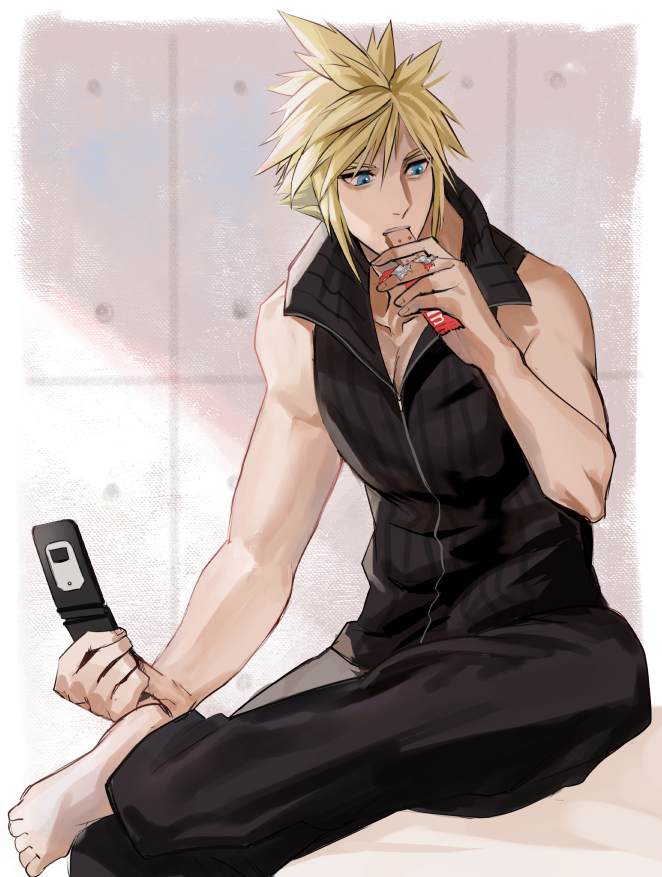 1boy bare_arms barefoot bed_sheet black_pants black_shirt blonde_hair blue_eyes candy candy_bar cellphone cloud_strife collarbone crossed_legs eating final_fantasy final_fantasy_vii final_fantasy_vii_advent_children flip_phone food hair_between_eyes high_collar holding holding_candy holding_food holding_phone indoors jjn_ff7 looking_to_the_side male_focus muscular muscular_male open_collar pants phone shirt short_hair sitting sleeveless sleeveless_shirt solo spiked_hair tile_wall tiles upper_body wrapper