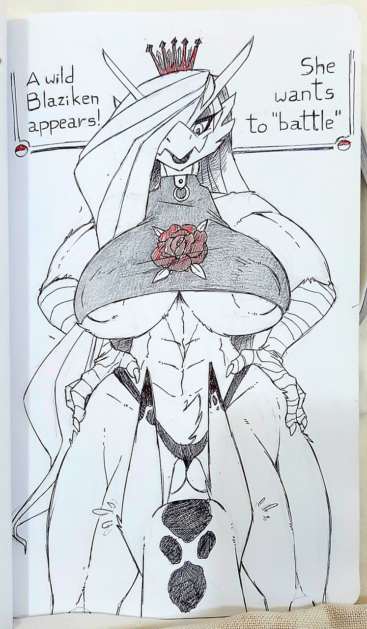 anthro areola blaziken breasts clothing crown english_text female hair hair_over_eye hands_on_hips hi_res larger_female nintendo one_eye_obstructed panties pok&eacute;mon pok&eacute;mon_(species) restricted_palette size_difference space_dog talon_hands talons text under_boob underwear video_games zwitterkitsune zwitterkitsune_(character)