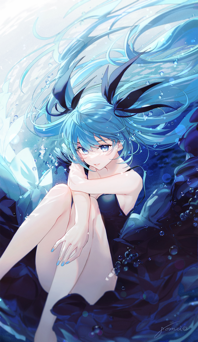 1girl bangs bare_shoulders blue_dress blue_eyes blue_hair blue_nails breasts cleavage commentary dress gomzi hair_ornament hair_ribbon hatsune_miku highres knees_together_feet_apart long_hair ocean ocean_bottom ribbon shinkai_shoujo_(vocaloid) sitting smile solo sunlight twintails underwater underwear very_long_hair vocaloid water_drop