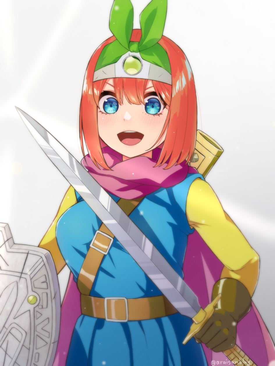 1girl :d belt blue_eyes breasts brown_belt brown_gloves cape circlet cosplay dragon_quest dragon_quest_iii gloves go-toubun_no_hanayome green_ribbon hair_ribbon happy highres holding holding_shield holding_sword holding_weapon irarei_(araisanblog) large_breasts nakano_yotsuba open_mouth orange_hair purple_cape ribbon roto roto_(cosplay) sheath shield short_hair smile solo sword tunic weapon