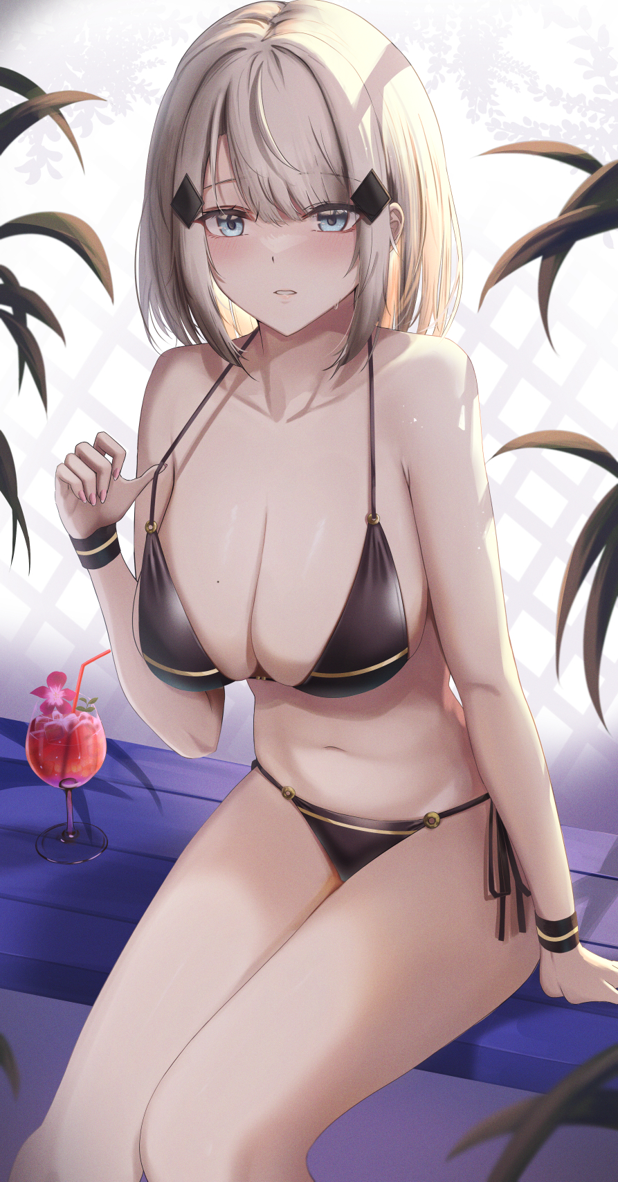 1girl bangs bare_arms bare_legs bare_shoulders bikini black_bikini blue_eyes blush breasts cleavage collarbone grey_hair hair_ornament halterneck highres large_breasts looking_at_viewer original parted_lips side-tie_bikini sitting solo strap_pull swimsuit thighs tropical_drink yamikyon