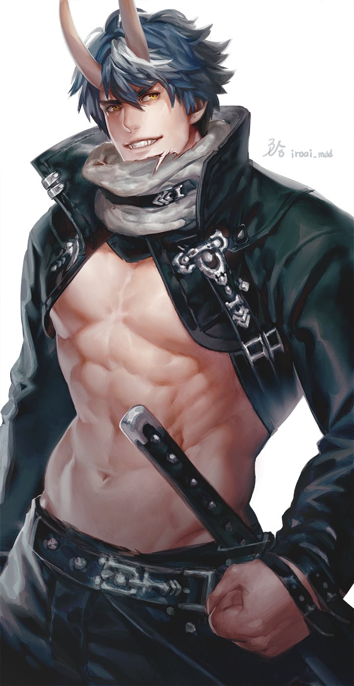 1boy abs bangs belt black_hair black_pants blue_hair clenched_hand curled_horns demon_boy hair_between_eyes high_collar highres horns iroai_midodo jacket leather leather_jacket looking_at_viewer male_focus multicolored_hair multiple_belts muscular muscular_male open_clothes original pants pectorals skin-covered_horns sword weapon white_hair yellow_eyes