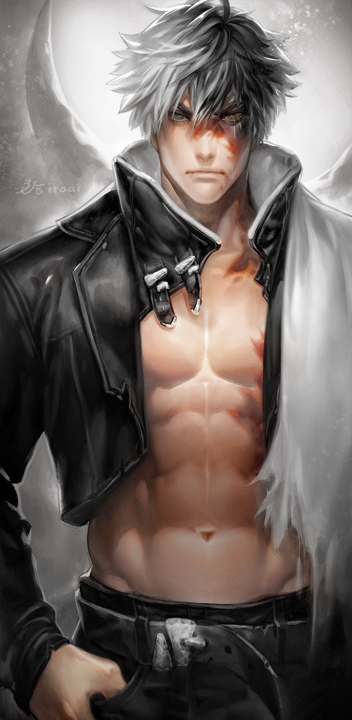 1boy abs bangs belt black_eyes black_hair black_jacket black_pants burn_scar grey_background hair_between_eyes hands_in_pocket heterochromia high_collar highres iroai_midodo jacket leather leather_jacket looking_at_viewer male_focus multicolored_hair no_shirt open_clothes open_jacket original pants pectorals scar scar_on_face two-tone_hair white_hair yellow_eyes