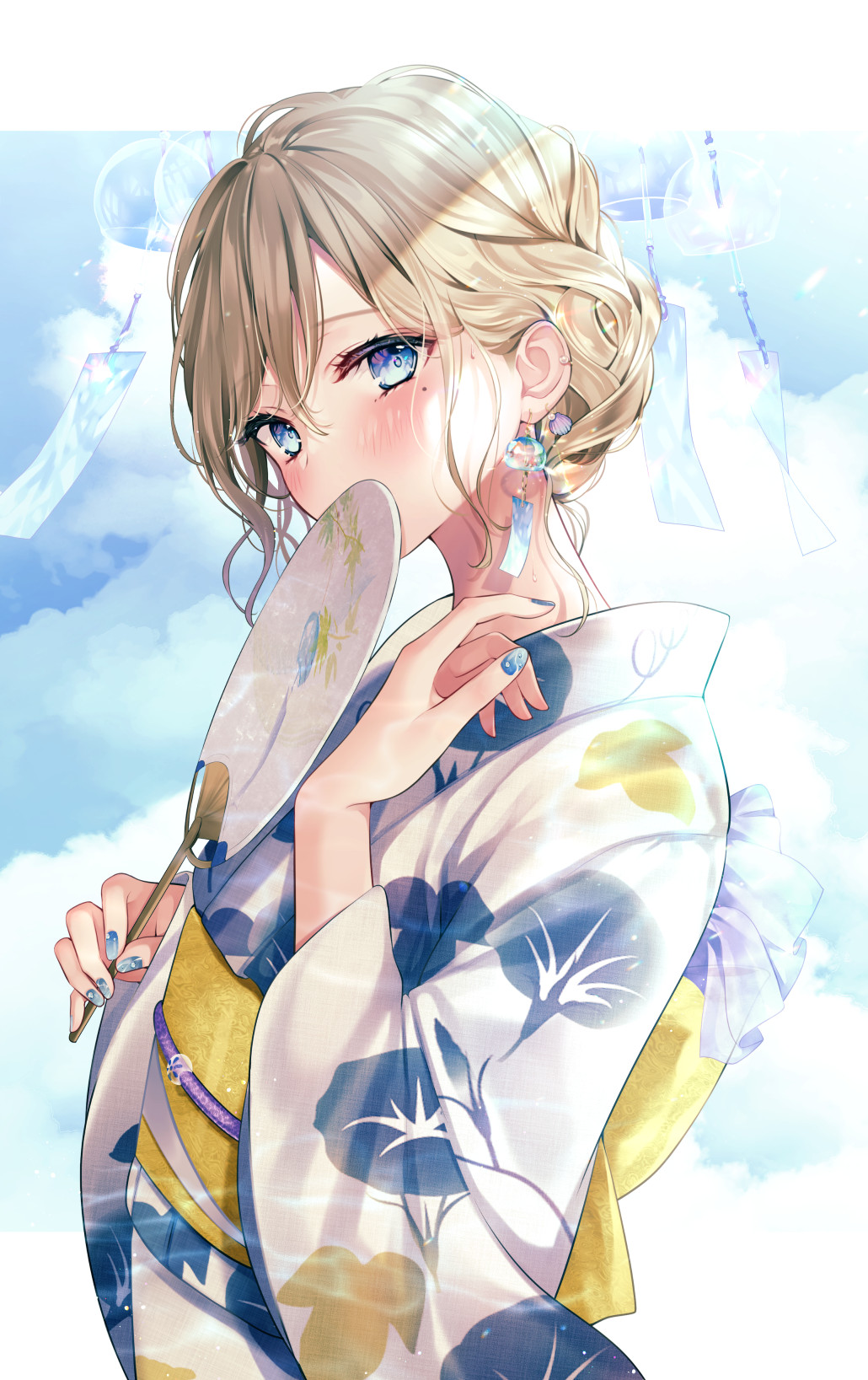 1girl blue_eyes blue_nails blue_sky brown_hair cloud cloudy_sky commentary_request covering_mouth day earrings eyelashes floral_print hand_fan hand_up head_tilt highres holding holding_fan japanese_clothes jewelry kimono long_sleeves mole mole_under_eye nail_art nail_polish obi original paper_fan sash sky solo sweatdrop uchiwa upper_body white_kimono wide_sleeves yugirlpict yukata