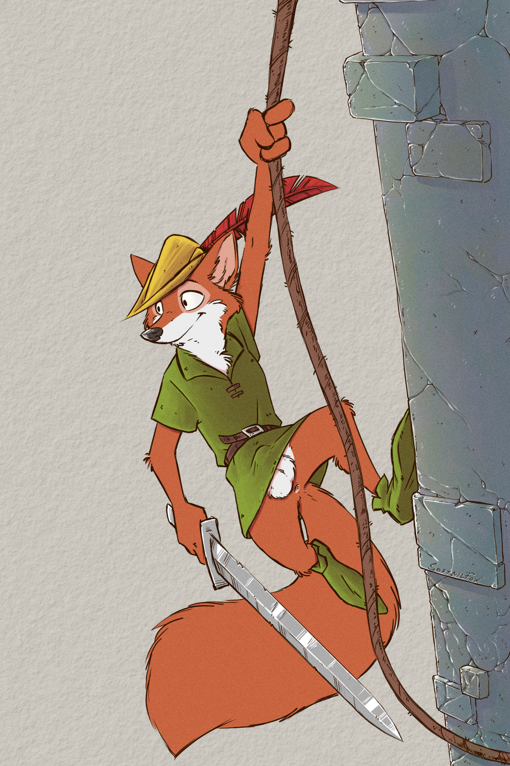 2:3 anus balls belt bottomless bottomless_male bulge canid canine castle_wall climbing climbing_wall clothed clothing disney feathers footwear fox genital_outline genitals green_tunic hat headgear headwear hi_res male mammal melee_weapon penis_buldge penis_outline red_feather red_fox robin_hood_(disney) rope rope_climbing sheath_bulge sheath_outline simple_background softailfox sword textured_background weapon