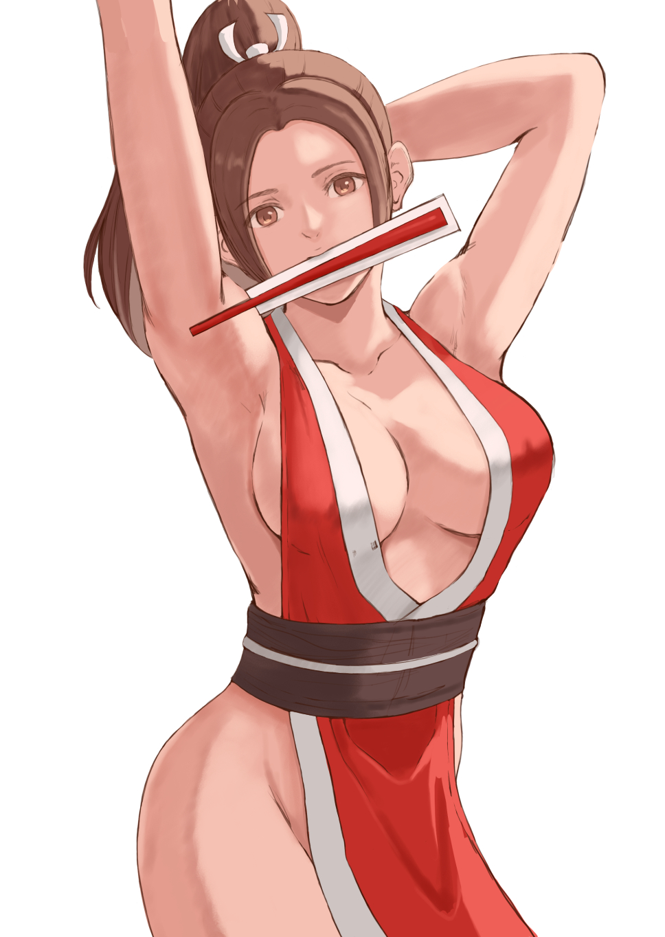 1girl arm_behind_head armpits arms_up bare_arms black_sash breasts brown_eyes brown_hair collarbone fatal_fury folded_fan folding_fan hand_fan high_ponytail highres holding holding_fan japanese_clothes long_hair looking_at_viewer medium_breasts mouth_hold pelvic_curtain popo_agaga revealing_clothes sash shiranui_mai sideboob sidelocks simple_background solo the_king_of_fighters white_background