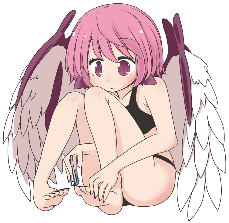 1girl animal_ears ass bad_anatomy barefoot bird_ears bird_wings black_nails blush clipping_nails closed_mouth collarbone fingernails hair_between_eyes jagabutter mystia_lorelei nail_clippers nail_polish pink_eyes pink_hair sharp_fingernails sharp_toenails short_hair simple_background solo toenail_polish toenails touhou white_background white_wings wings