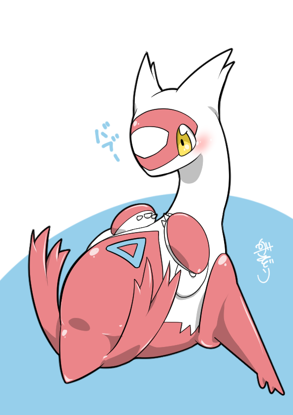 animal_focus artist_name blue_background blush claws commentary_request full_body kazamidoririnn latias lying no_humans on_back partial_commentary pokemon pokemon_(creature) signature simple_background solo translation_request two-tone_background yellow_eyes