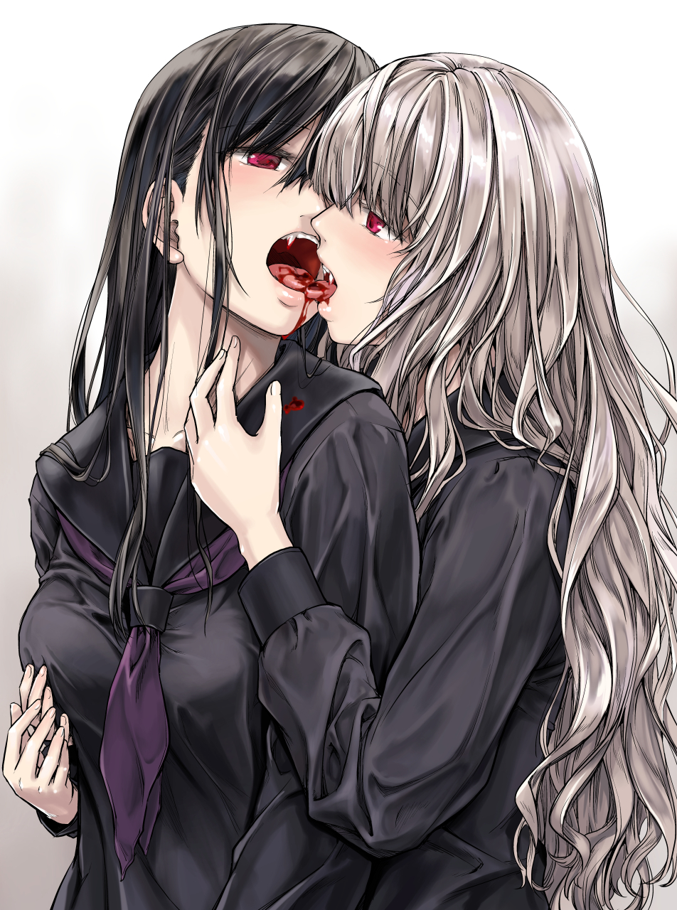 2girls black_hair black_sailor_collar black_shirt blood blood_in_mouth blood_on_clothes brown_background commentary english_commentary fangs french_kiss grabbing grabbing_another's_breast gradient_background highres kiss multiple_girls neckerchief open_mouth original purple_neckerchief red_eyes sailor_collar school_uniform serafuku shirt takekawa_shin tongue tongue_out upper_body vampire white_background white_hair yuri