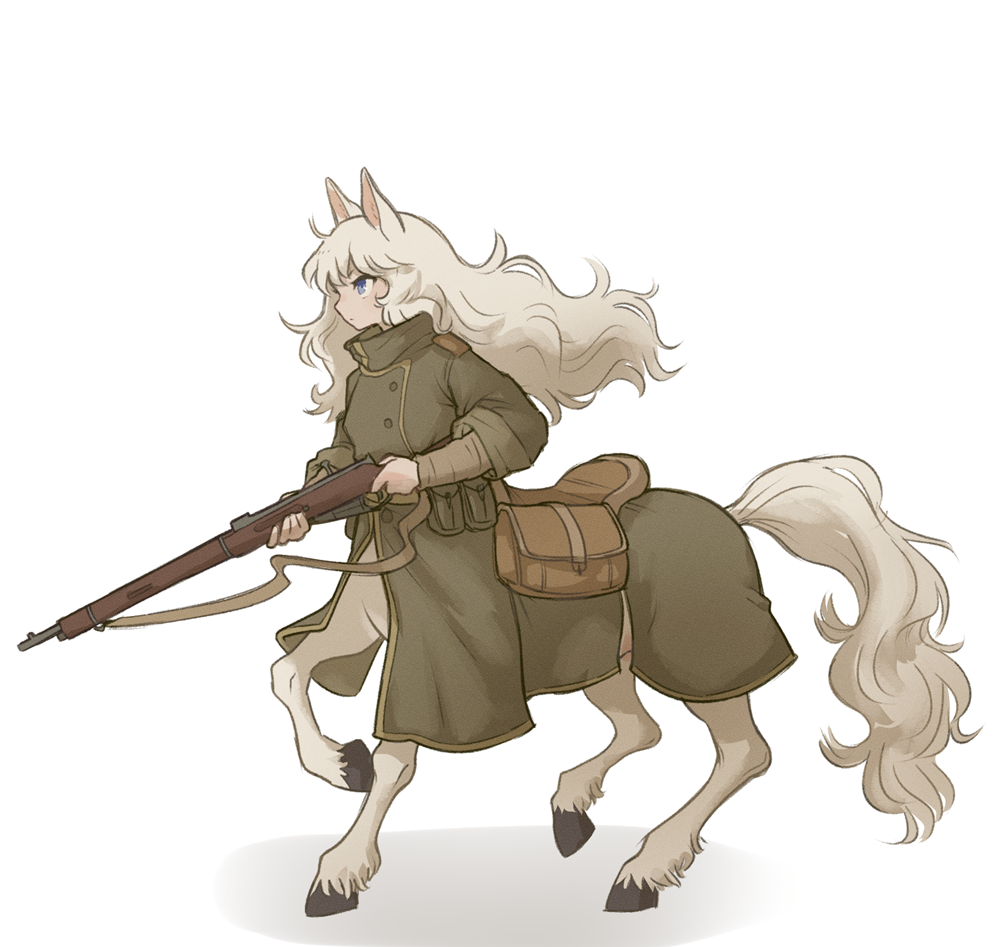 blue_eyes centaur clothed clothing ears_up equid equid_taur female fur green_clothing gun hair holding_gun holding_object holding_ranged_weapon holding_rifle holding_weapon hooves humanoid_taur mammal mammal_taur military military_clothing military_uniform ranged_weapon rifle running saddle simple_background solo tateoftot taur uniform weapon white_background white_body white_fur white_hair