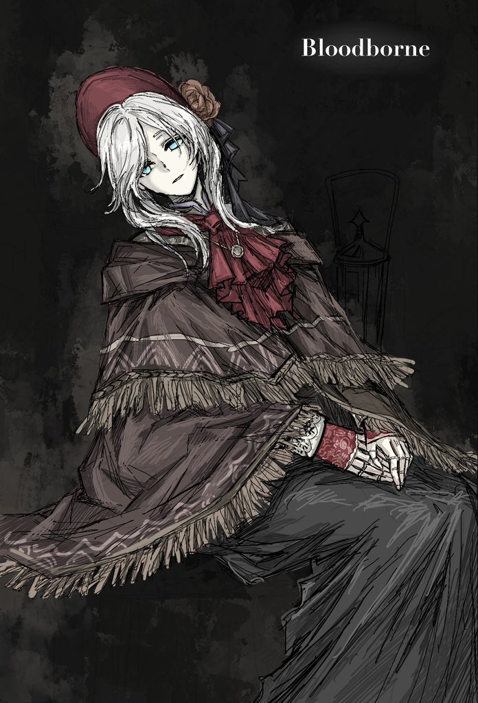 1girl ascot ashi_(dongshi389) black_dress bloodborne bonnet brown_capelet capelet cosplay doll_joints dress empty_eyes expressionless faust_(project_moon) fingerless_gloves gloves jewelry joints limbus_company long_hair looking_at_viewer necklace parted_lips plain_doll plain_doll_(cosplay) project_moon red_ascot red_gloves red_headwear solo white_hair