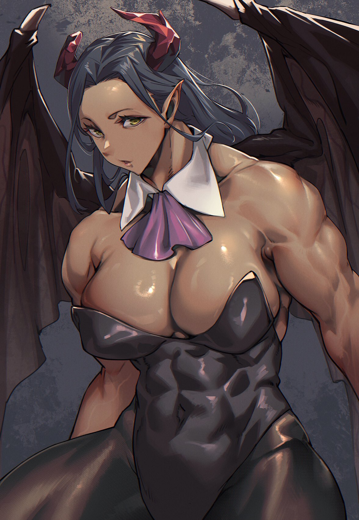1girl abs bare_shoulders bat_wings biceps black_hair black_leotard breasts cleavage collarbone covered_abs covered_navel demon_girl demon_horns demon_wings detached_collar highleg highleg_leotard highres horns large_breasts leotard long_hair looking_at_viewer mikel_(4hands) muscular muscular_female navel obliques open_mouth original pantyhose playboy_bunny pointy_ears solo strapless strapless_leotard wings yellow_eyes