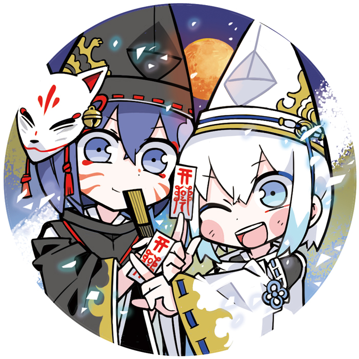 2boys bell between_fingers black_headwear black_kimono black_sleeves blue_eyes border character_request check_copyright closed_mouth copyright_request detached_sleeves facial_mark fan_to_mouth flame_print flower_knot folded_fan folding_fan fox_mask full_moon hair_bell hair_ornament hair_ribbon hand_fan hat holding holding_fan holding_ofuda japanese_clothes kariginu kimono layered_sleeves long_sleeves male_focus mask mask_on_head moon multiple_boys night night_sky ofuda one_eye_closed onmyoji open_mouth outdoors outstretched_arm pointing red_ribbon ribbon ribbon-trimmed_headwear ribbon-trimmed_sleeves ribbon_trim round_border sky smile tassel tassel_hair_ornament tate_eboshi teeth terada_tera tree upper_body upper_teeth_only v-shaped_eyebrows whisker_markings white_border white_hair white_headwear white_kimono white_mask white_sleeves wide_sleeves