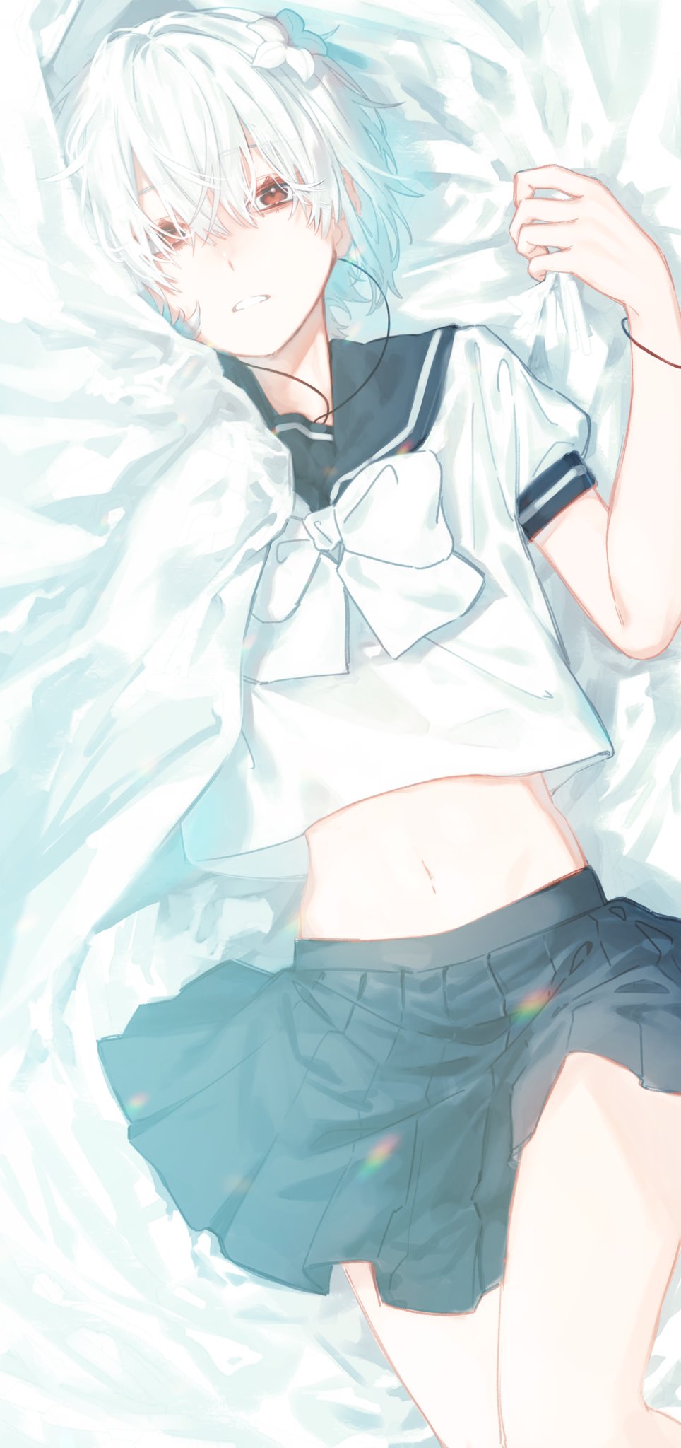 1girl a_certain_high_school_uniform accelerator_(toaru_majutsu_no_index) albino bare_legs bed_sheet black_bracelet blue_sailor_collar blue_skirt bow cowboy_shot dappled_sunlight earphones expressionless flower from_above genderswap genderswap_(mtf) hair_between_eyes hair_flower hair_ornament highres holding holding_sheet looking_at_viewer lying midriff miniskirt navel nira_adam on_back open_mouth red_eyes sailor_collar school_uniform shirt short_hair short_sleeves skirt solo sunlight suzushina_yuriko thighs toaru_majutsu_no_index very_short_hair white_bow white_hair white_shirt