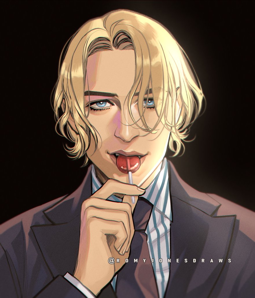 1boy artist_name black_background black_necktie blonde_hair blue_eyes candy commentary food formal holding holding_candy holding_food holding_lollipop instagram_username lollipop looking_at_viewer male_focus necktie one_piece one_piece_(live_action) open_mouth romy_jones_(romyjonesdraws) sanji_(one_piece) short_hair simple_background solo suit