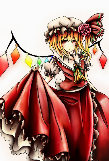 1girl ascot back_bow blonde_hair bow collared_shirt cowboy_shot flandre_scarlet flower frilled_shirt_collar frilled_skirt frilled_sleeves frills green_ribbon hat hat_flower kokomo1911 looking_at_viewer mob_cap multicolored_wings neck_ribbon open_mouth pink_flower pink_rose puffy_short_sleeves puffy_sleeves red_eyes red_skirt red_vest ribbon rose shirt short_sleeves simple_background skirt skirt_hold skirt_set solo touhou vest white_background white_bow white_headwear white_shirt wings yellow_ascot