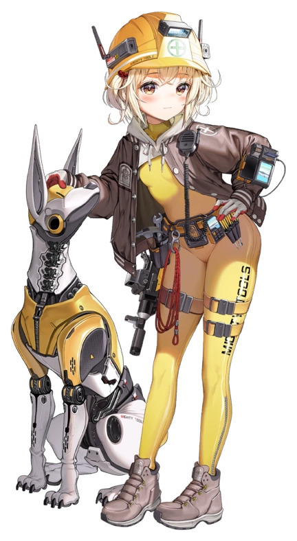 1girl blonde_hair bodysuit breasts dduck_kong full_body goddess_of_victory:_nikke helmet holster jacket liter_(nikke) medium_hair non-humanoid_robot non-web_source official_art open_clothes open_jacket robot robot_animal science_fiction shoes small_breasts sneakers solo source_request volt_(nikke) yellow_bodysuit