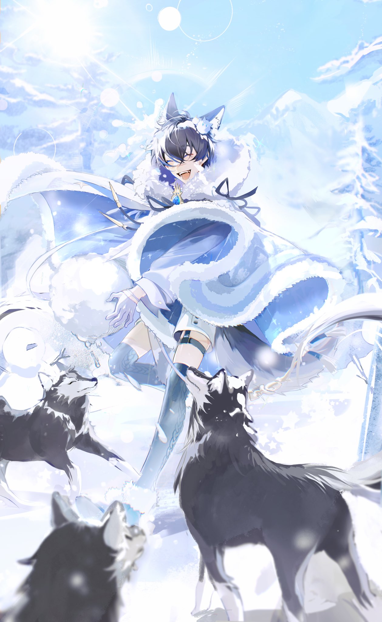 ambiguous_gender animal_humanoid bangs bottomwear canid canid_humanoid canine canine_humanoid cloak clothing eyes_closed feral fur garu_(nu:_carnival) group hi_res humanoid legwear mammal mammal_humanoid nu:_carnival prick_ears shorts smile snow thigh_highs winter wolf_humanoid xiayabaier