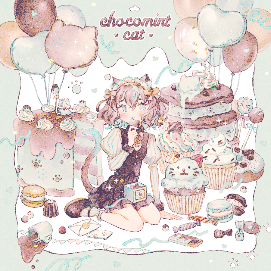 1girl animal_ears aqua_hair balloon bare_legs black_skirt black_vest bow cake cake_pop candy cat_ears cat_girl cat_tail chocolate coffee_mug colored_inner_hair cup envelope food food-themed_background fork green_eyes hair_bow heart_balloon holding holding_food ice_cream juliet_sleeves long_sleeves looking_at_viewer macaron mint_chocolate mug multicolored_hair original paw_print pink_hair pleated_skirt puffy_sleeves ryokuno_green shirt short_hair sitting skirt solo sparkle spilling striped_clothes striped_shirt tail tail_raised two-tone_hair vest wariza wax_seal whipped_cream white_shirt wrapped_candy yellow_bow