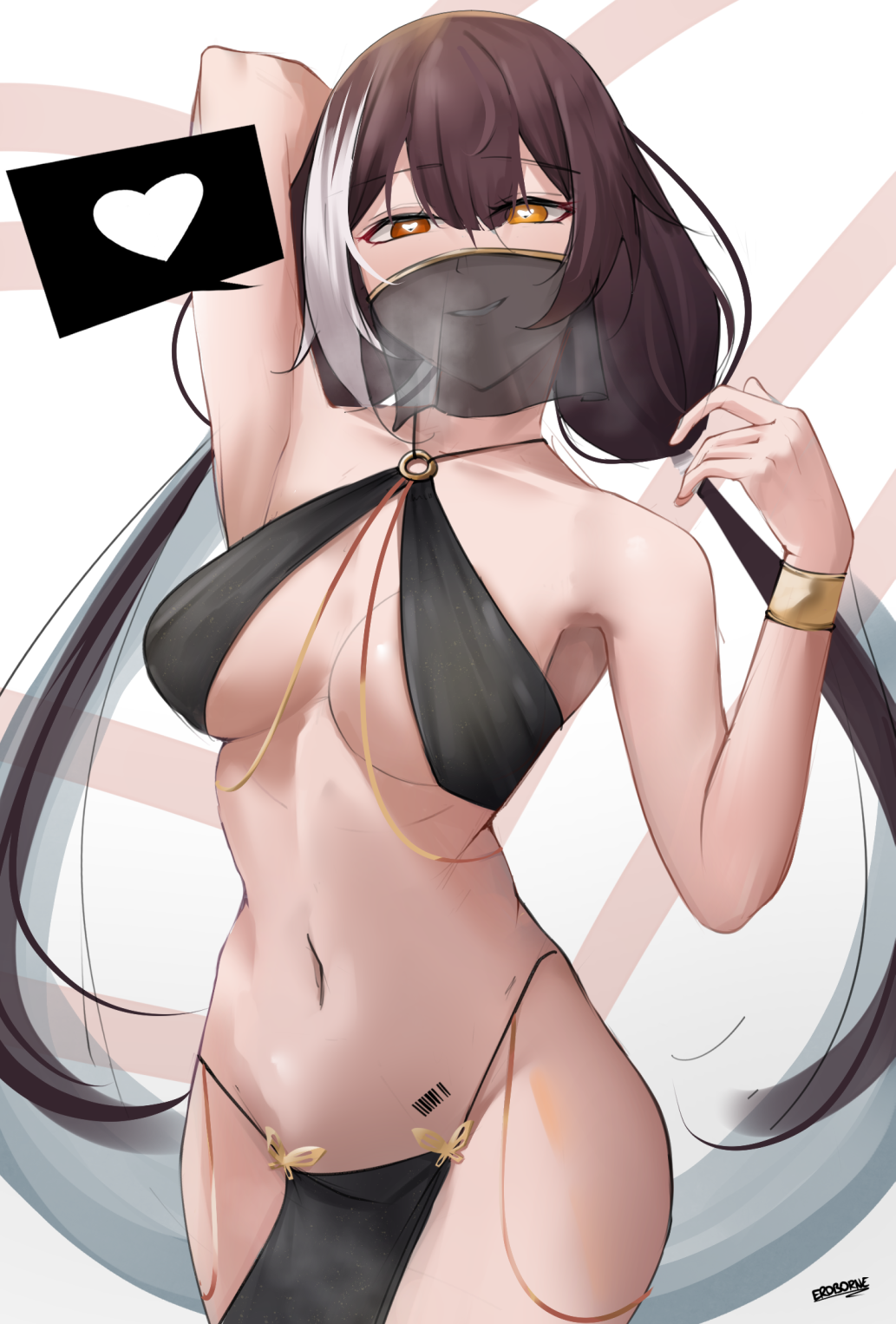 arm_behind_head armlet armpits artist_name barcode breasts brown_hair cowboy_shot eroborne girls'_frontline harem_outfit heart heart-shaped_pupils heterochromia highres hypnosis large_breasts long_hair looking_at_viewer mind_control mouth_veil multicolored_hair navel orange_eyes pelvic_curtain ro635_(girls'_frontline) simple_background smile spoken_heart streaked_hair symbol-shaped_pupils teeth veil white_hair yellow_eyes