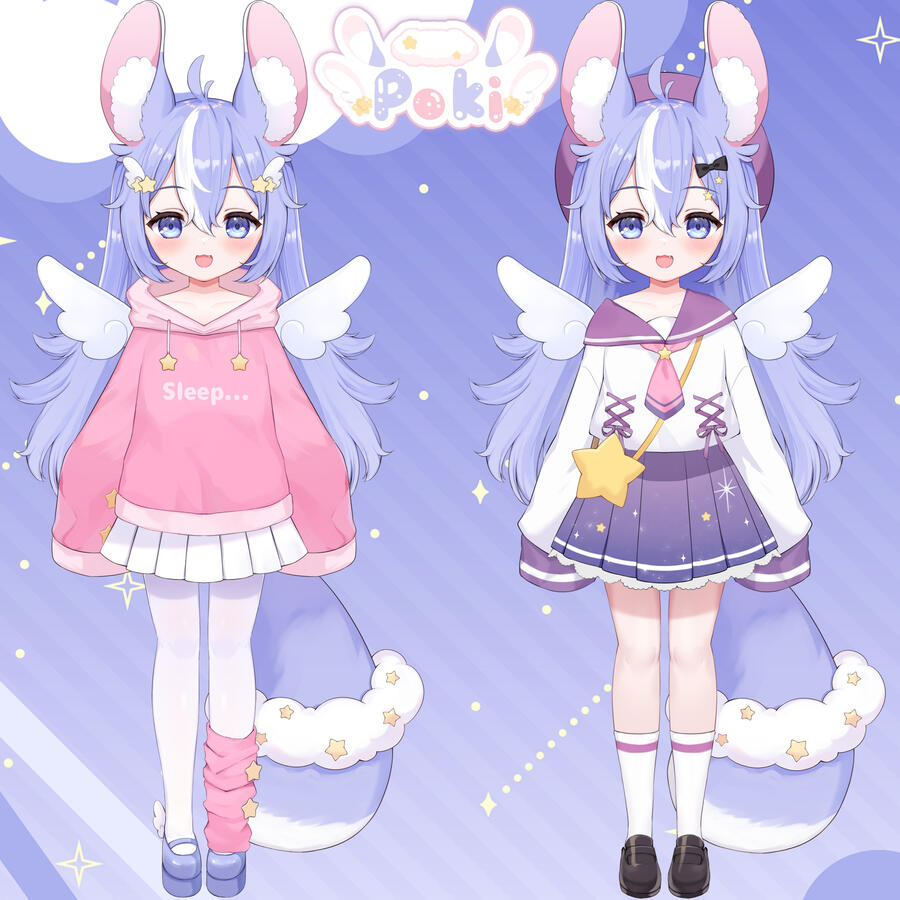 1girl angel_wings animal_ears bag blue_eyes blue_hair bow chinchilla_ears chinchilla_girl chinchilla_tail hair_bow handbag hood hoodie indie_virtual_youtuber loafers miniskirt moeko_(moeko0903) multicolored_hair open_mouth pink_hoodie pleated_skirt poki_nemuru school_uniform second-party_source serafuku shoes single_loose_sock skirt sleeves_past_fingers sleeves_past_wrists smile socks star_(symbol) streaked_hair striped_background tail two-tone_hair white_hair white_socks wing_hair_ornament wings