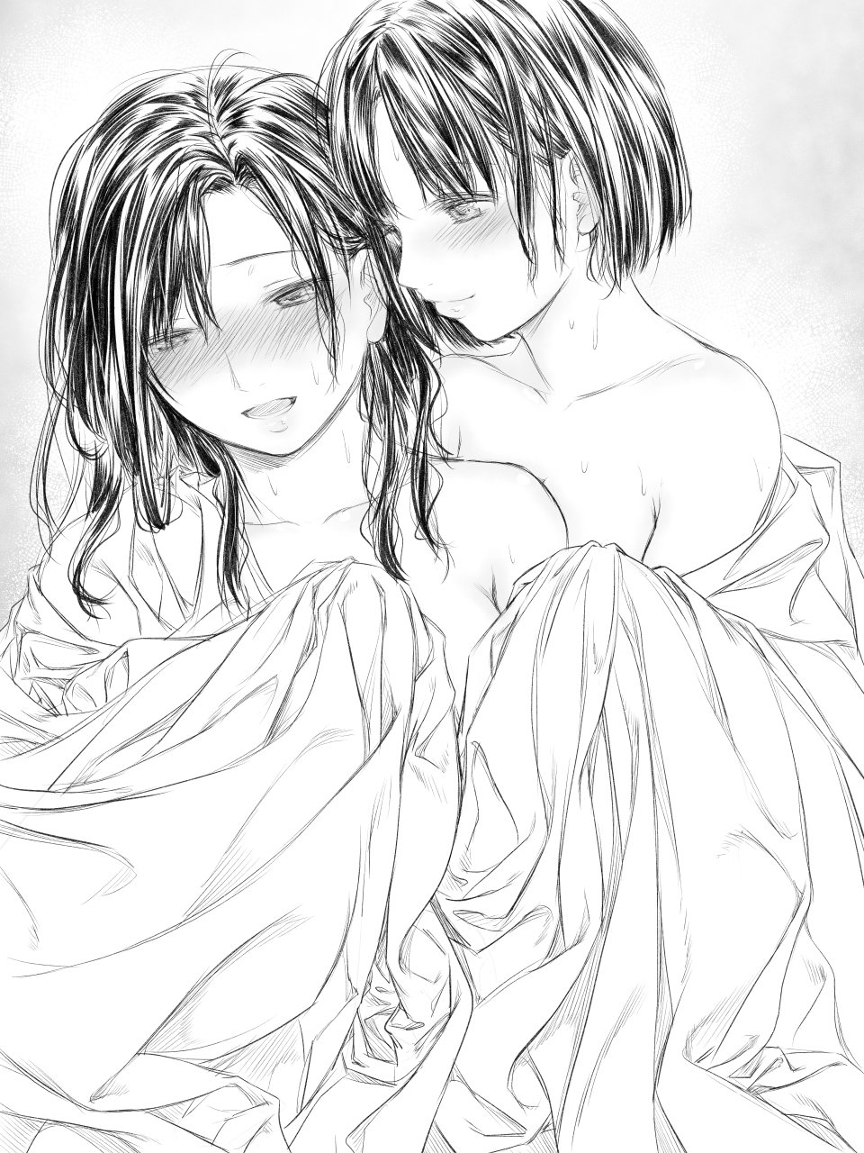 2girls blanket blush breasts closed_mouth commentary_request greyscale highres hug hug_from_behind large_breasts long_hair monochrome multiple_girls nude open_mouth original smile sweat takekawa_shin upper_body yuri