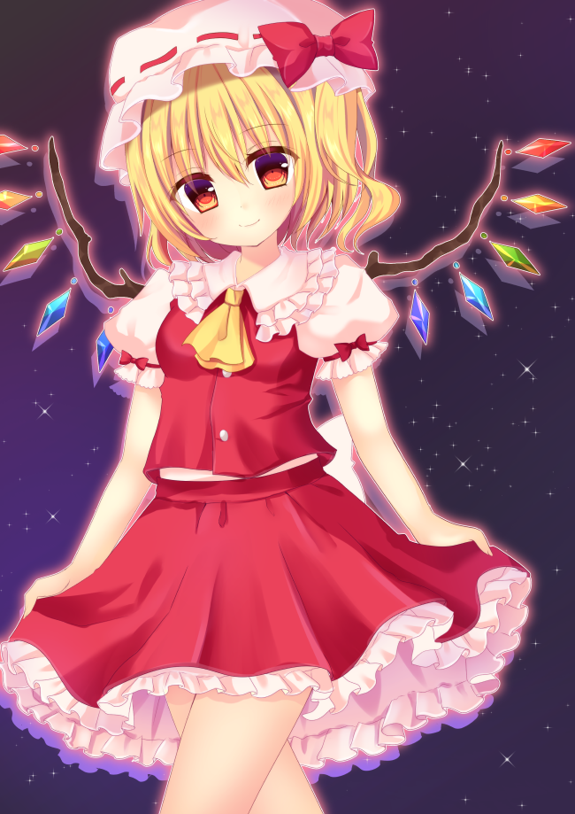 1girl ascot blush breasts closed_mouth collared_shirt cowboy_shot crystal flandre_scarlet frilled_shirt_collar frilled_skirt frills hat hat_ribbon head_tilt light_smile looking_at_viewer mob_cap multicolored_wings puffy_short_sleeves puffy_sleeves red_eyes red_ribbon red_skirt red_vest ribbon ribbon-trimmed_headwear ribbon_trim ritacoeri shirt short_sleeves simple_background skirt skirt_set small_breasts solo touhou vest white_headwear white_shirt wings yellow_ascot