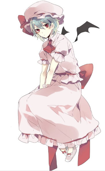 1girl ascot bat_wings blue_hair bow dress full_body hat hat_ribbon looking_at_viewer mob_cap prin_dog puffy_short_sleeves puffy_sleeves red_eyes remilia_scarlet ribbon shirt shoes short_hair short_sleeves simple_background sitting skirt skirt_set solo touhou white_background wings wrist_cuffs
