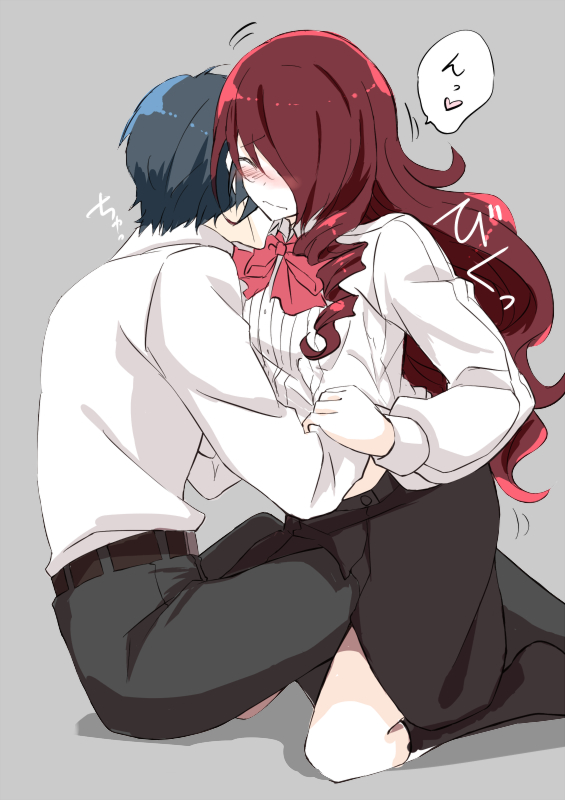 1boy 1girl black_pants blue_hair blush closed_eyes frottage gekkoukan_high_school_uniform grabbing grabbing_another's_breast grey_background grinding hand_under_clothes heart hetero kazanami kirijou_mitsuru kiss kissing_neck kneeling leg_between_thighs long_hair long_skirt pants persona persona_3 red_hair school_uniform shirt short_hair sitting skirt speech_bubble spoken_heart translation_request wavy_ends white_shirt yuuki_makoto_(persona_3)