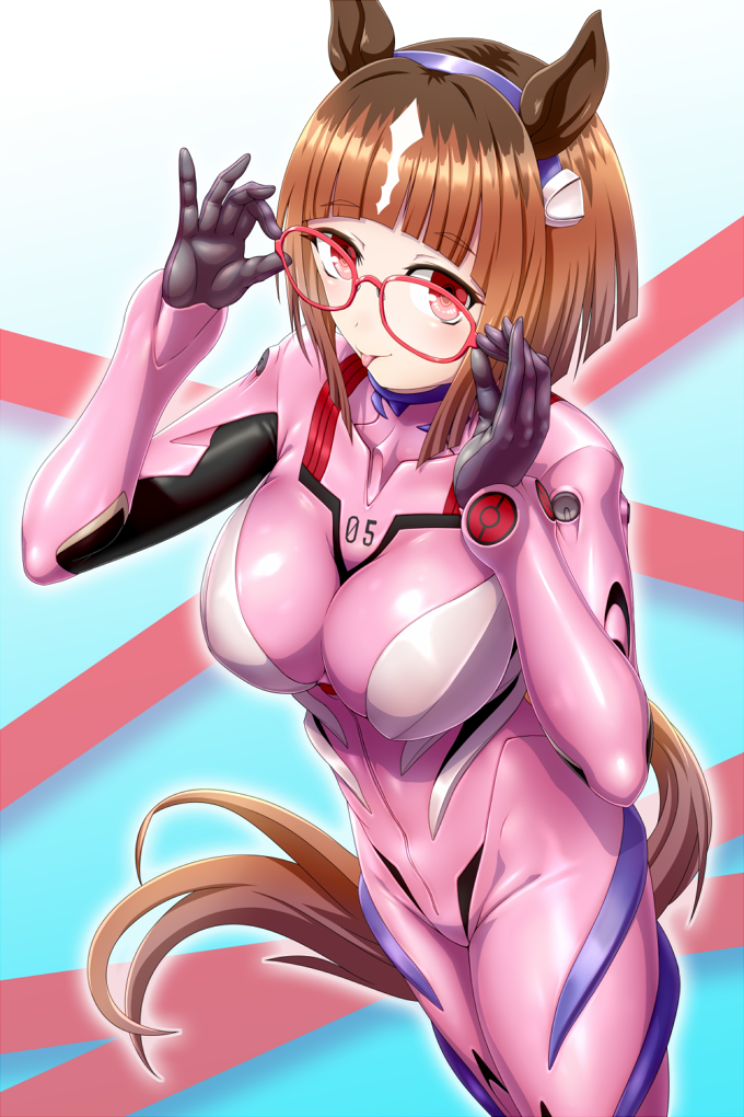 1girl adjusting_eyewear animal_ears aozame_takao bodysuit breasts brown_hair cosplay glasses hairband horse_ears horse_girl horse_tail large_breasts looking_at_viewer makinami_mari_illustrious makinami_mari_illustrious_(cosplay) neon_genesis_evangelion plugsuit rebuild_of_evangelion red_eyes short_hair skin_tight solo tail tongue tongue_out transcend_(umamusume) umamusume