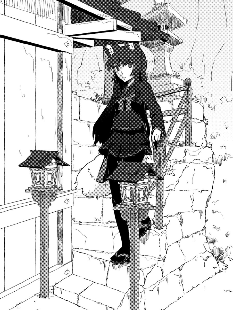 1girl animal_ear_fluff animal_ears building fox_ears fox_girl fox_tail full_body greyscale halftone hand_on_railing highres lantern long_hair long_sleeves looking_at_viewer miniskirt monochrome neck_ribbon original outdoors pantyhose pleated_skirt ribbon sailor_collar sakuragi_rian sandals school_uniform serafuku skirt solo stairs standing stone_lantern stone_stairs tail wooden_lantern