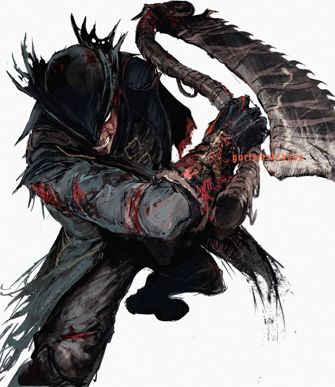 1boy amputee artist_name black_gloves black_jacket black_pants blank_eyes blood blood_on_clothes bloodborne clenched_teeth commentary_request gloves guri_otoko hand_up hat highres hunter_(bloodborne) injury jacket male_focus pants revision saw saw_cleaver simple_background solo teeth torn_clothes torn_hat torn_jacket tricorne weapon white_background