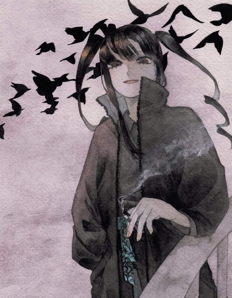 1girl bird black_hair brown_eyes cigarette coat crow hand_in_pocket high_collar holding holding_cigarette jacket kz_m_i long_hair long_sleeves looking_at_viewer open_mouth original painting_(medium) railing shirt smile smoke smoking solo traditional_media twintails watercolor_(medium) zipper