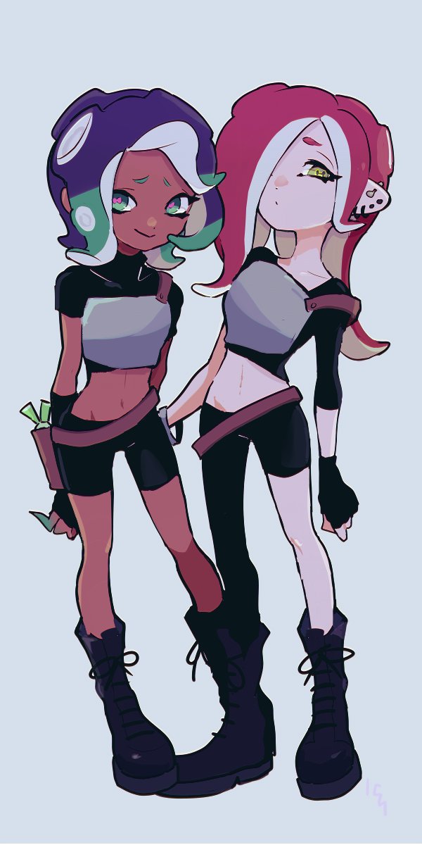 2girls alternate_hairstyle aqua_eyes bike_shorts black_footwear boots cephalopod_eyes closed_mouth commentary cross-laced_footwear dark-skinned_female dark_skin dedf1sh eyelashes full_body furrowed_brow gradient_hair green_hair hair_over_one_eye highres imaikuy0 long_hair marina_(splatoon) medium_hair midriff multicolored_hair multiple_girls navel octoling purple_hair red_hair red_pupils simple_background smile splatoon_(series) splatoon_3 splatoon_3:_side_order standing tentacle_hair two-tone_hair white_background yellow_eyes