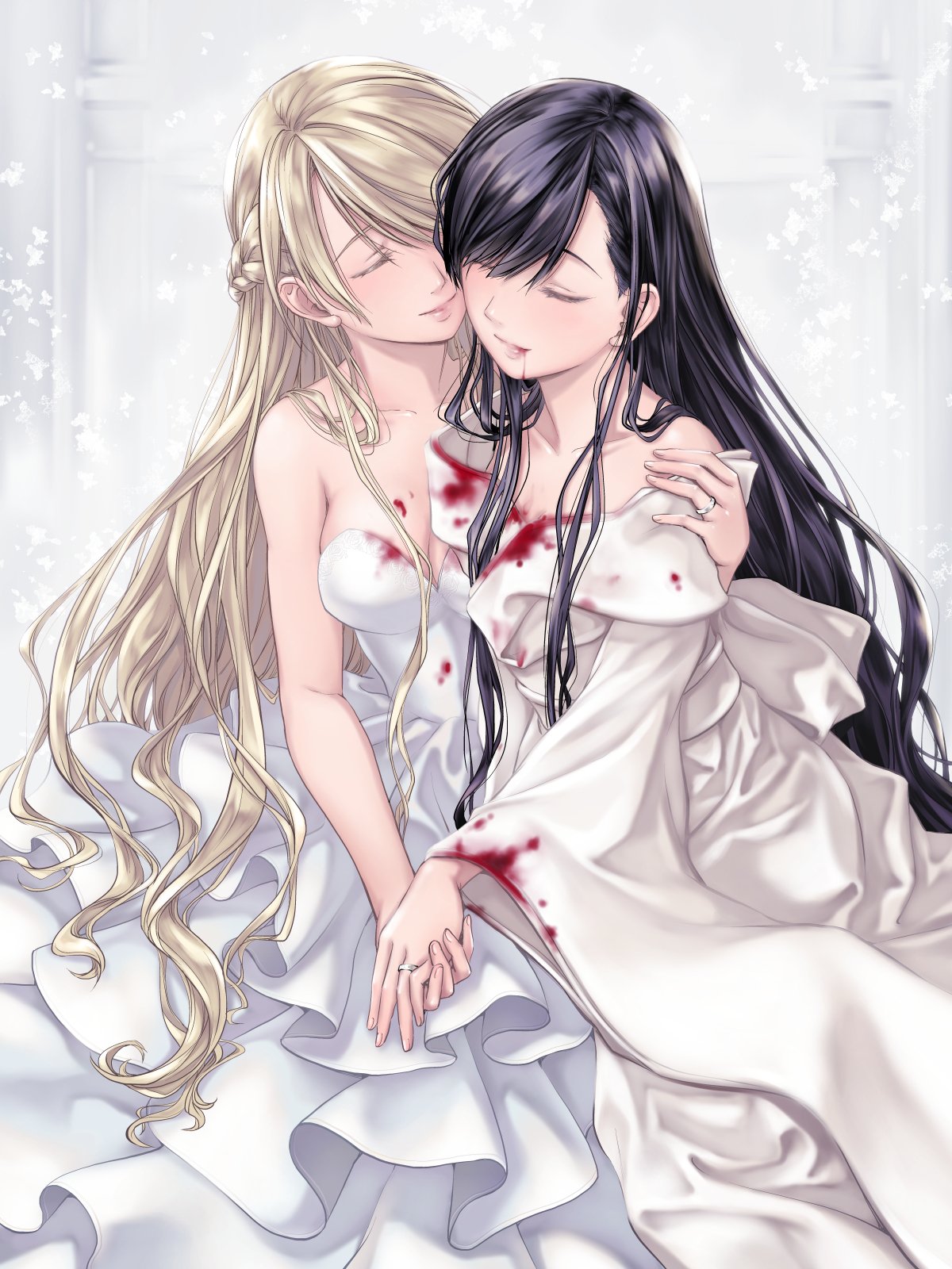2girls bare_arms black_hair blonde_hair blood blood_from_mouth blood_on_breasts blood_on_clothes blood_on_dress braid breasts cleavage closed_eyes closed_mouth commentary_request dress french_braid hand_on_another's_shoulder highres holding_hands jewelry long_hair looking_at_another multiple_girls original ring strapless strapless_dress takekawa_shin vampire wedding_dress wedding_ring white_dress wife_and_wife yuri