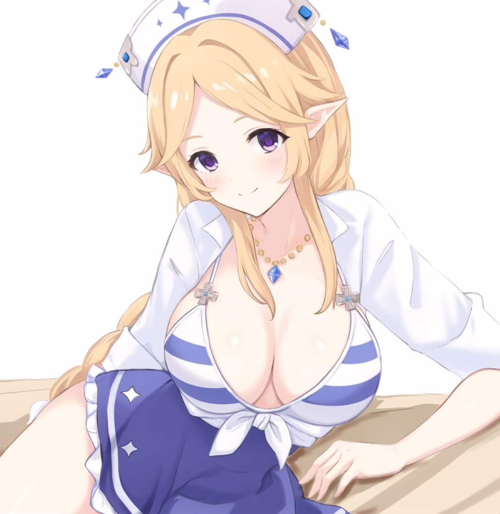 1girl bikini blonde_hair blue_skirt blush breasts cleavage collared_shirt elf jewelry large_breasts long_hair long_sleeves necklace parted_bangs pointy_ears princess_connect! purple_eyes sa_(nax49) shirt sitting skirt smile solo striped_bikini striped_clothes swimsuit white_headwear white_shirt yukari_(princess_connect!) yukari_(summer)_(princess_connect!)