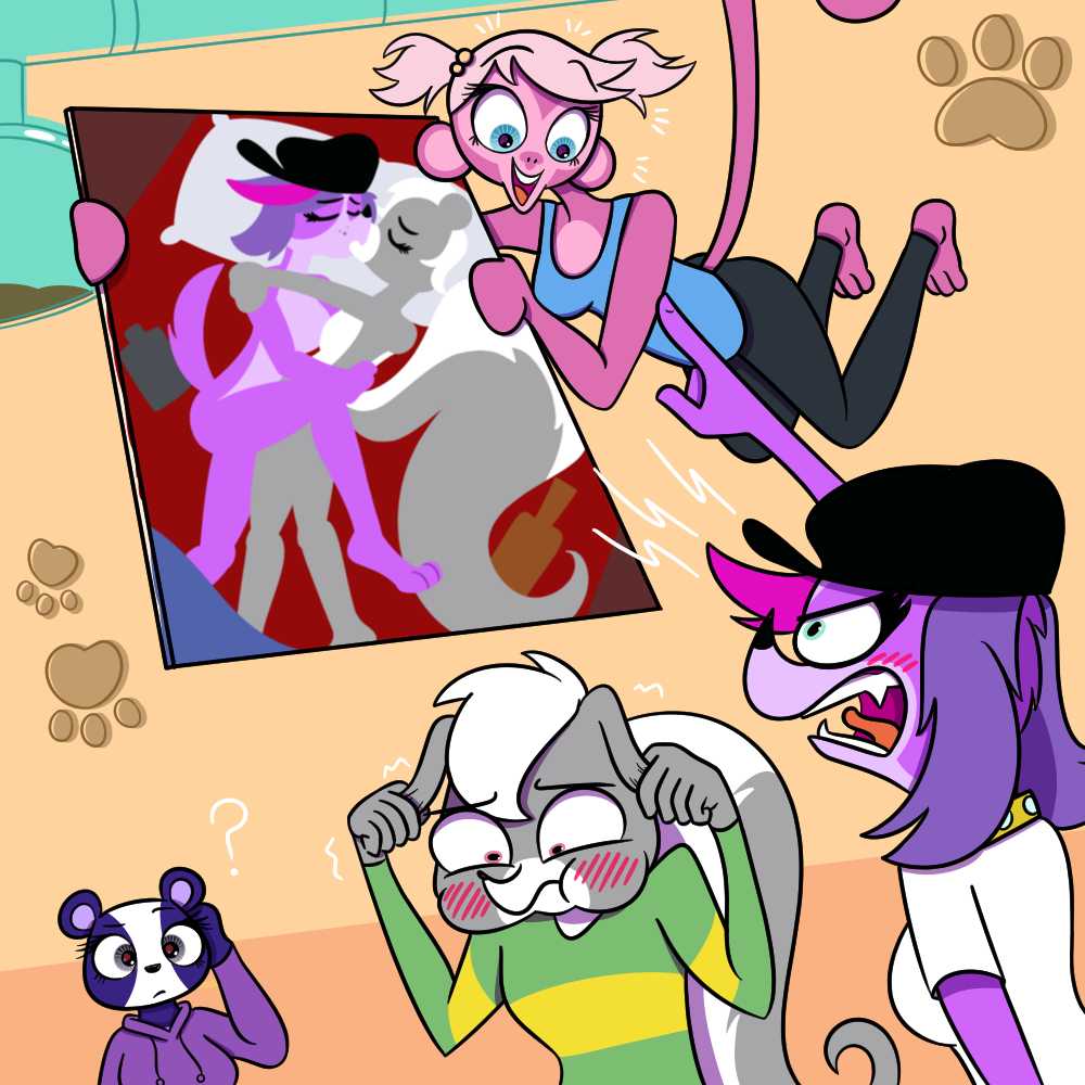 angry bear blush canid canine canis domestic_dog embarrassed gesture giant_panda hand_gesture haplorhine hasbro invalid_tag kissing littlest_pet_shop mammal mephitid minka_mark monkey nude painting penny_ling pepper_clark pointing primate skunk zoe_trent