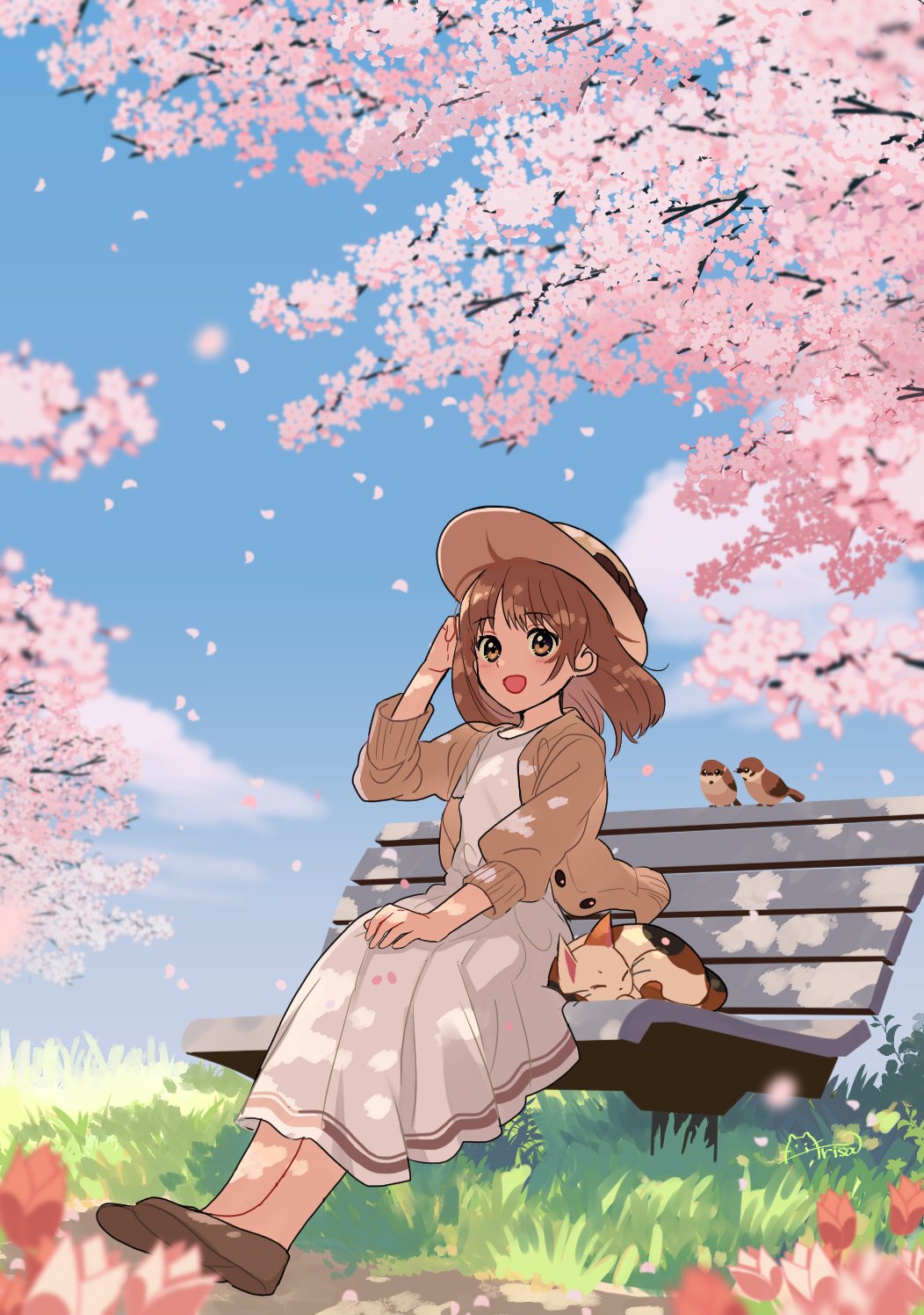 1girl :d arisa_(aren) bench bird blue_sky blush brown_eyes brown_footwear brown_hair brown_jacket calico cardigan cat cherry_blossoms day dress falling_petals flower grass hand_up hat highres jacket medium_hair open_cardigan open_clothes open_mouth original outdoors petals pink_flower shoes sitting sky smile solo tree white_dress