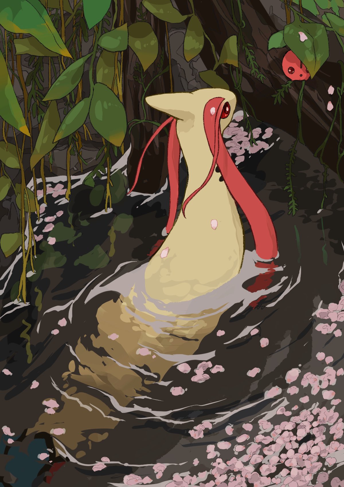 afloat animal_focus aomon_(yuuji7604) cherubi commentary_request hanging_plant highres leaf milotic no_humans plant pokemon pokemon_(creature) red_eyes ripples vines water