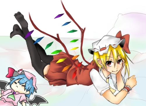 2girls ascot bat_wings black_thighhighs blonde_hair blue_hair closed_eyes closed_mouth flandre_scarlet full_body green_ascot hair_between_eyes hat light_smile looking_at_viewer lowres lying mob_cap multicolored_wings multiple_girls no_shoes on_stomach ouga_0505 pink_headwear pink_shirt pink_skirt pleated_skirt pointy_ears red_eyes red_skirt red_vest remilia_scarlet shirt siblings sisters skirt the_pose thighhighs touhou vest white_background white_headwear white_shirt wings wrist_cuffs yellow_ascot