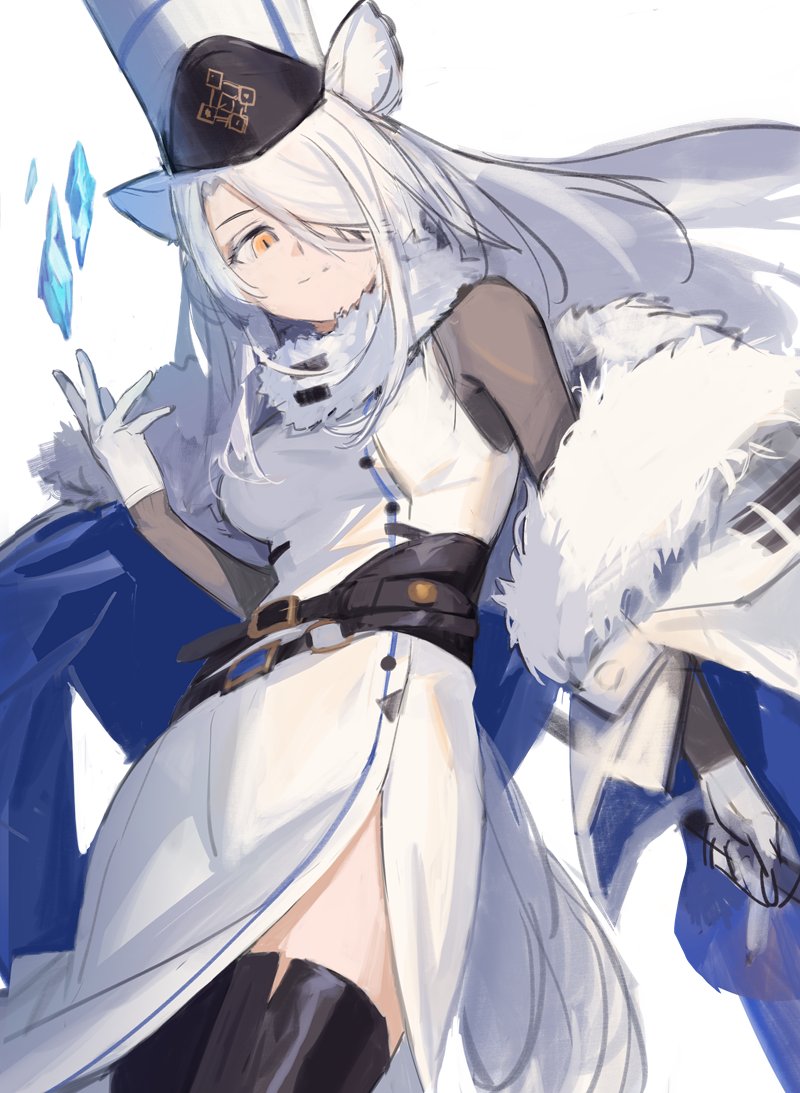 1girl animal_ear_fluff animal_ears arknights bad_hands black_thighhighs blue_coat breasts cat_ears cat_girl cat_tail coat commentary dress fur-trimmed_coat fur_trim hair_over_one_eye hand_up holding holding_staff ice kegani_(kegani01) long_hair looking_at_viewer magic material_growth medium_breasts oripathy_lesion_(arknights) santalla_(arknights) side_slit simple_background sketch smile solo staff tail thighhighs two-sided_coat two-sided_fabric white_background white_coat white_dress white_hair white_headwear yellow_eyes