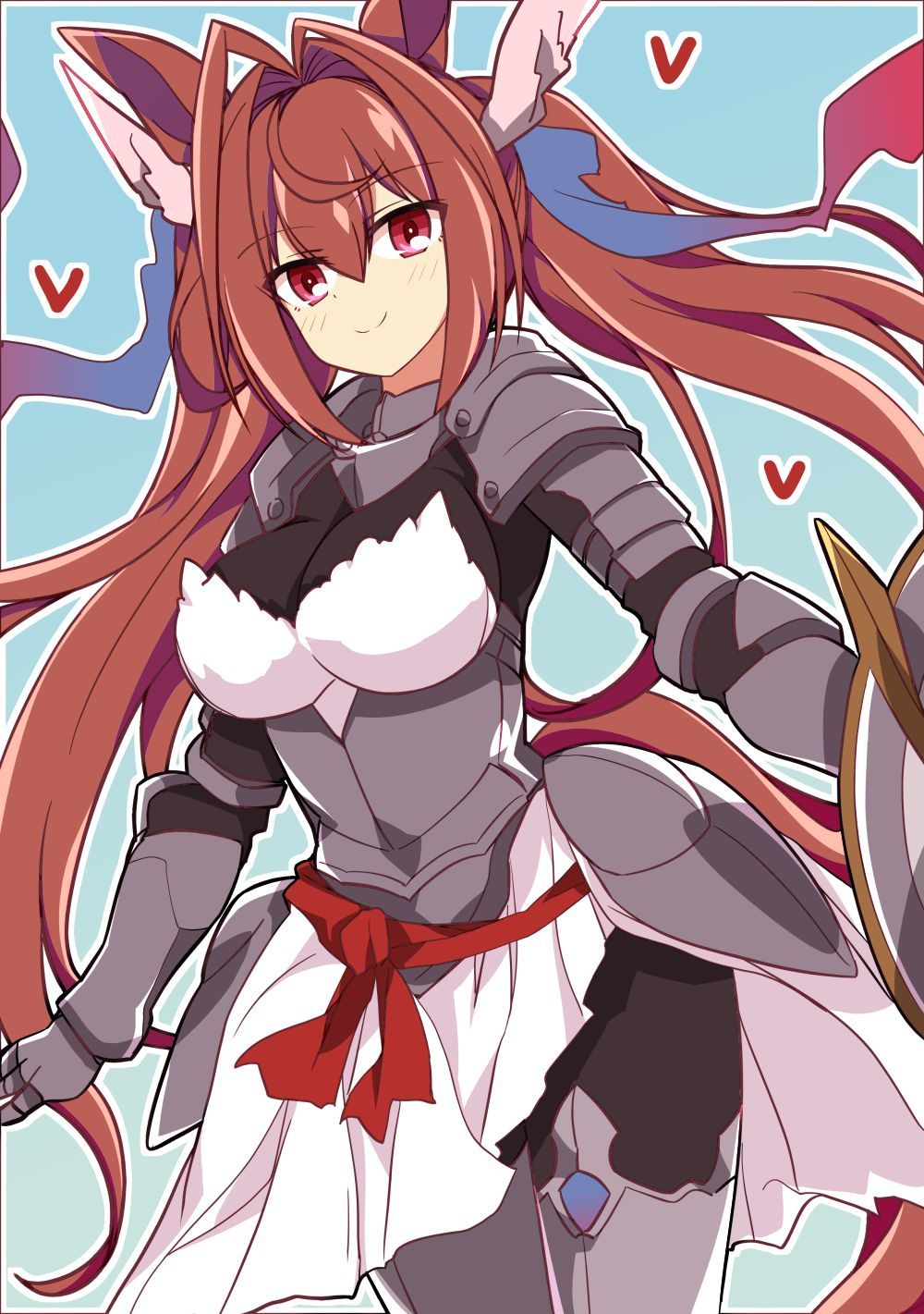 1girl alternate_costume animal_ears antenna_hair armor armored_dress blue_background breasts cleavage closed_mouth commentary_request cowboy_shot daiwa_scarlet_(umamusume) hair_intakes hair_ornament heart highres holding holding_shield horse_ears horse_girl horse_tail large_breasts long_hair long_sleeves looking_at_viewer open_mouth red_eyes red_hair shield shoulder_armor simple_background smile solo tail thighhighs umamusume very_long_hair wahiko_(black_bastard) weapon