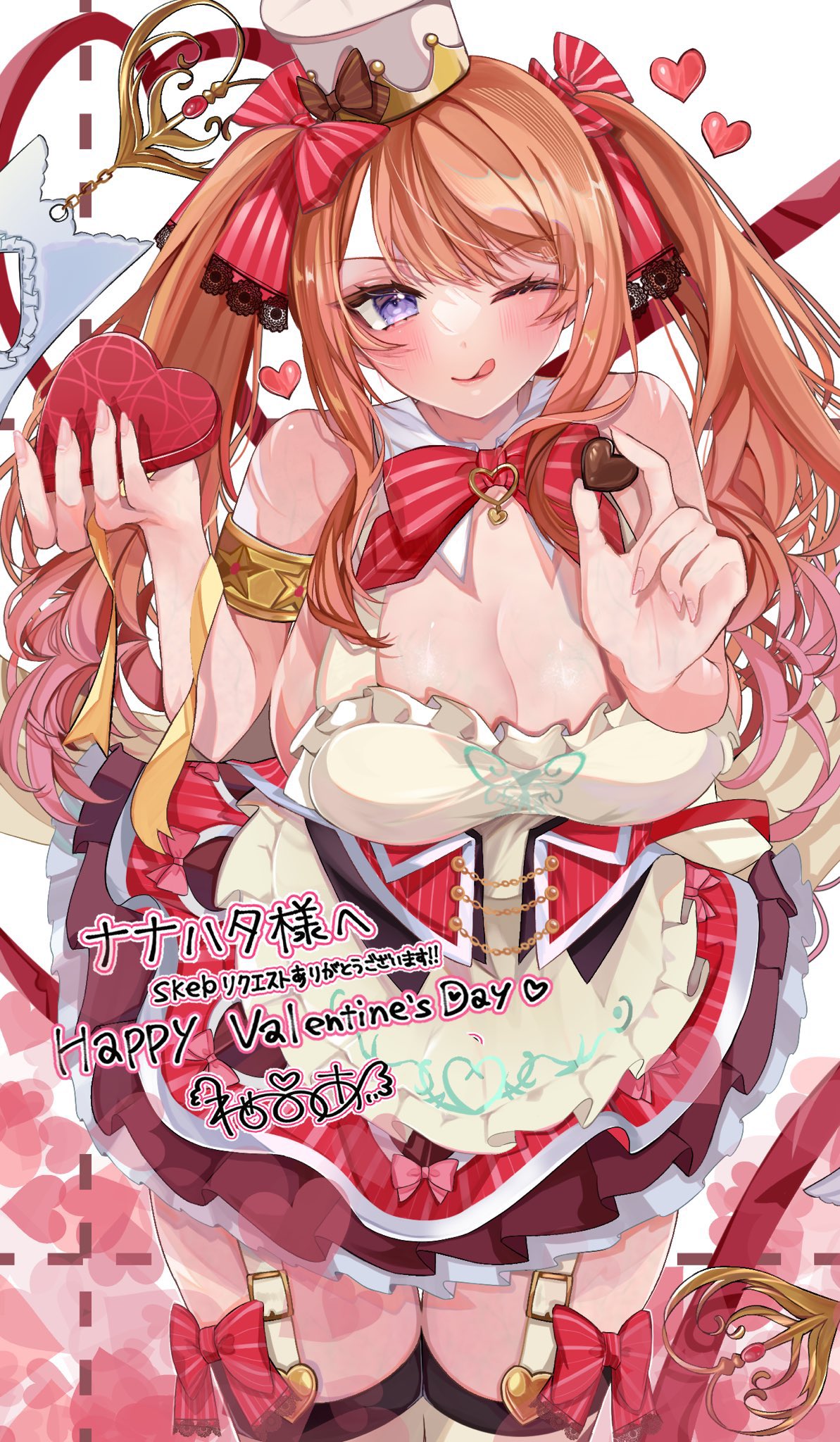 &gt;:) 1girl 6_may_6 ;q alice_(sennen_sensou_aigis) apron armlet bare_shoulders blush bow bowtie breasts brown_hair buckle candy chocolate cleavage commentary commission cowboy_shot detached_collar fingernails food frilled_apron frills garter_straps happy_valentine heart heart-shaped_chocolate heart_background highres holding holding_chocolate holding_food lace-trimmed_bow lace_trim large_breasts layered_skirt long_fingernails looking_at_viewer one_eye_closed pinstripe_bow pleated_skirt purple_eyes red_bow red_ribbon ribbon sennen_sensou_aigis sidelocks signature skeb_commission skirt solo standing thighhighs tongue tongue_out twintails v-shaped_eyebrows valentine white_background