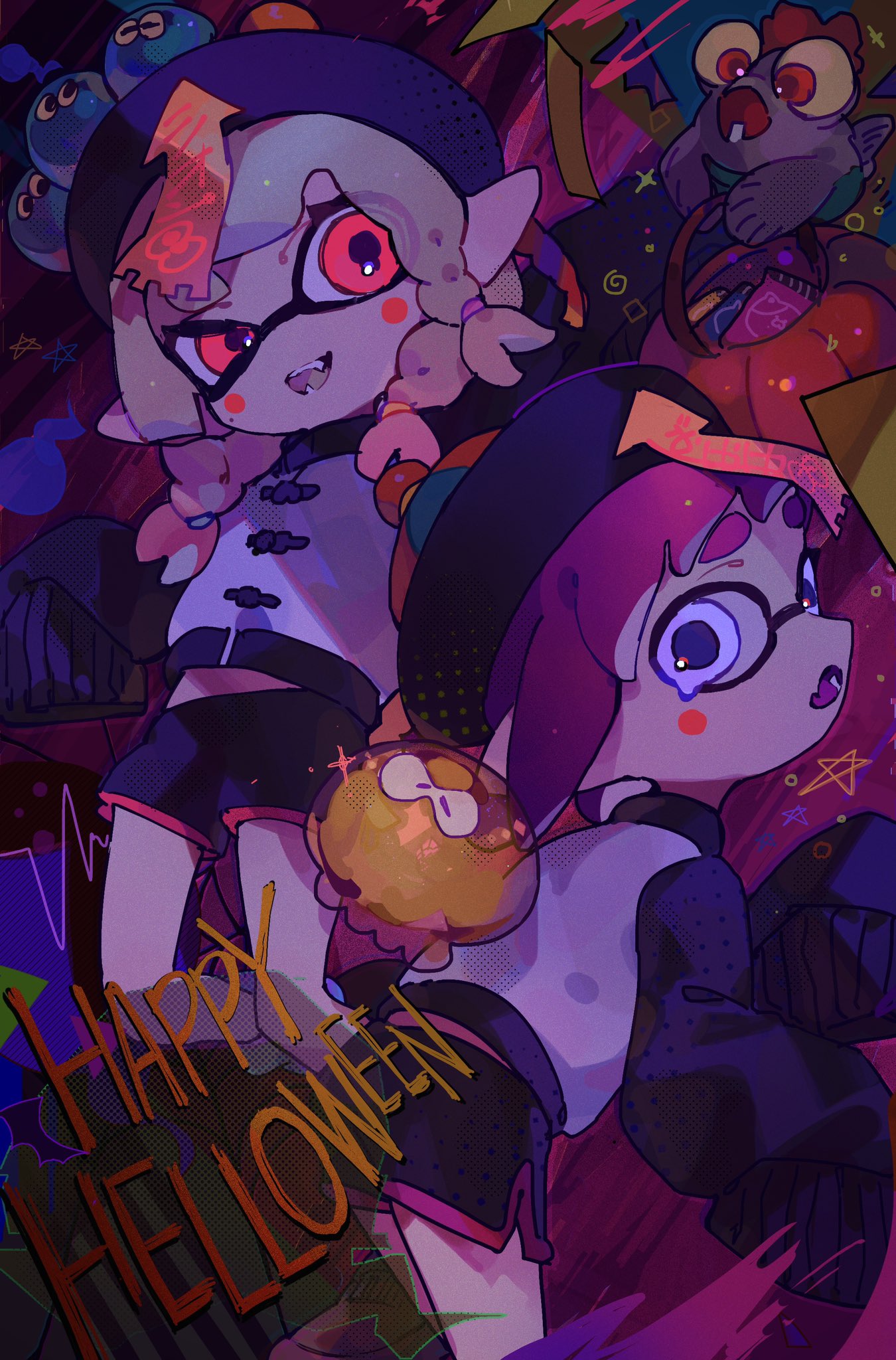 2girls black_headwear black_shorts blonde_hair blue_pupils braid bulging_eyes commentary_request facepaint fangs gradient_hair half-closed_eye halloween halloween_bucket happy_halloween highres inkling inkling_girl inkling_player_character jacket jellyfish_(splatoon) looking_back miruko_(mt423324bchoco) multicolored_clothes multicolored_hair multicolored_jacket multiple_girls ofuda ofuda_on_head open_mouth pink_eyes pink_hair pointy_ears purple_hair short_hair shorts sleeves_past_fingers sleeves_past_wrists smallfry_(splatoon) splatoon_(series) splatoon_3 tentacle_hair twin_braids two-tone_jacket wavy_mouth white_eyes white_jacket