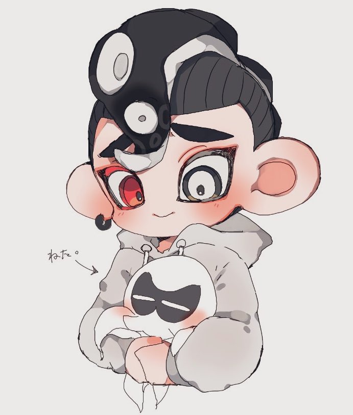 1boy black_hair closed_mouth cropped_torso earrings furrowed_brow grey_hoodie heterochromia hood hoodie hoop_earrings jewelry male_focus mohawk octoling octoling_boy octoling_player_character octopus red_eyes short_hair simple_background smile solo splash_kuro3 splatoon_(series) splatoon_3 tentacle_hair translation_request upper_body white_background white_eyes