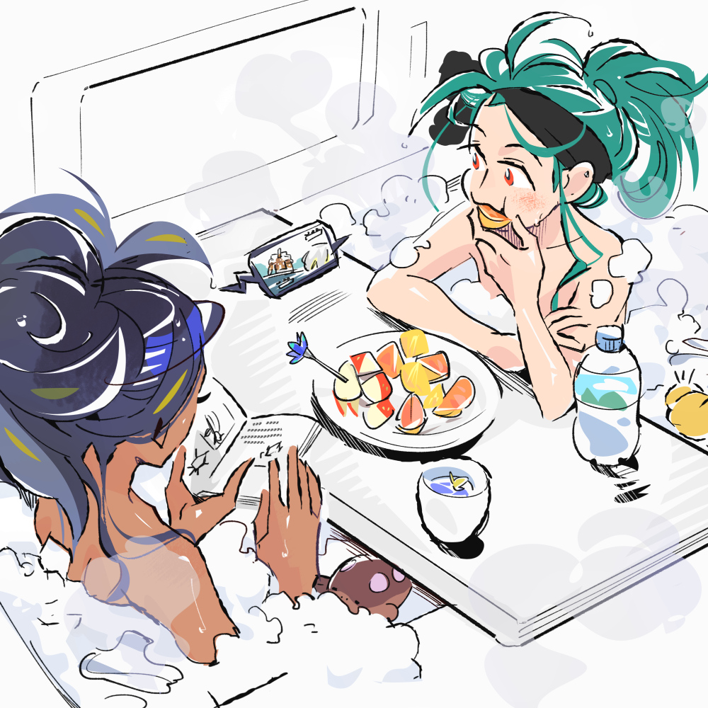 2girls bathtub black_hairband blonde_hair blue_hair book bottle clodsire cup dark-skinned_female dark_skin eating eyelashes food fruit garganacl geeta_(pokemon) green_hair hairband holding holding_book indoors multicolored_hair multiple_girls open_book orange_(fruit) orange_slice phone plate pokemon pokemon_sv psyduck red_eyes rika_(pokemon) shimogamo_koushi soap_bubbles streaked_hair