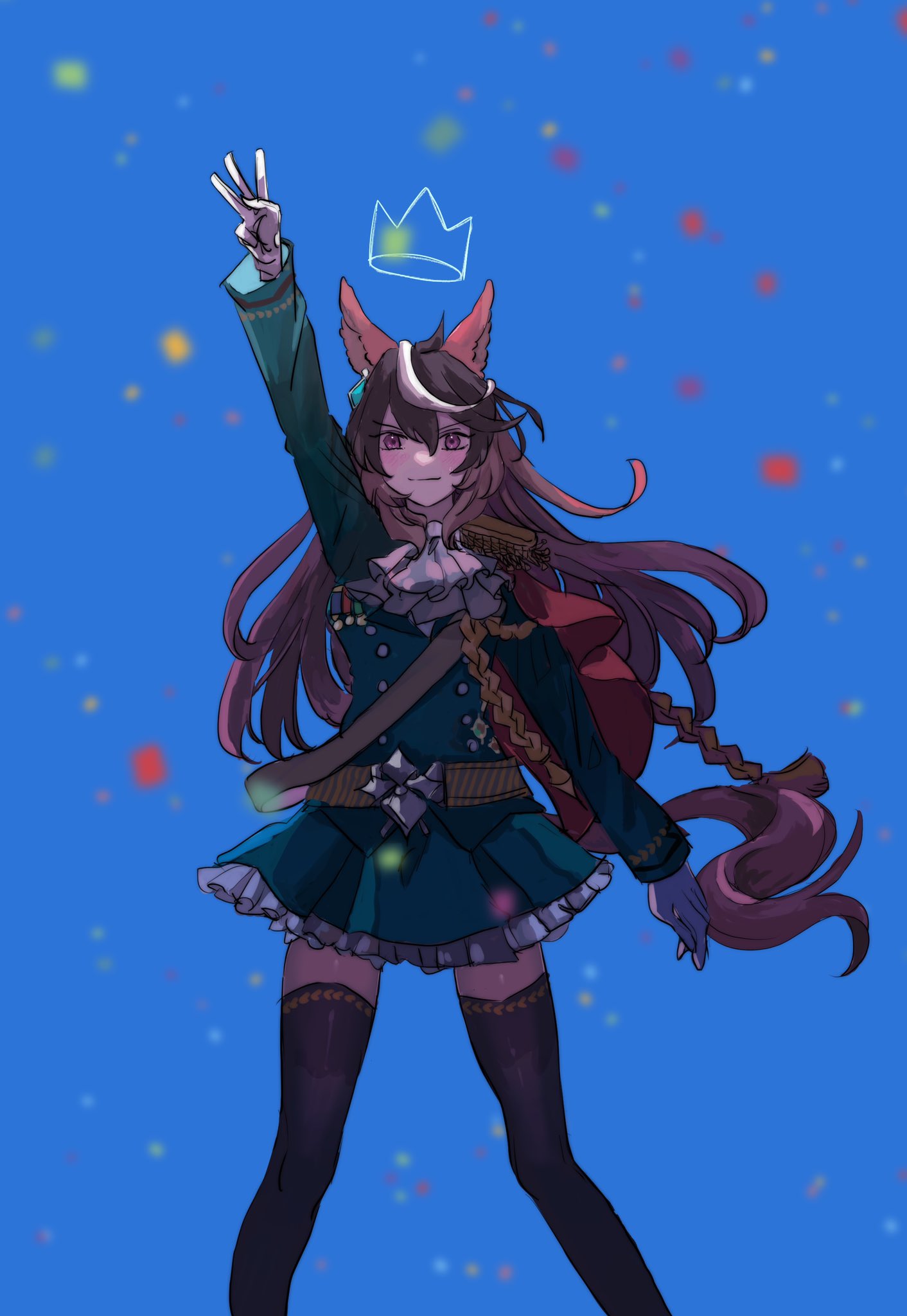 1girl aiguillette arm_up ascot belt black_thighhighs blue_background brown_hair closed_mouth confetti crown epaulettes feet_out_of_frame gloves green_jacket green_skirt highres jacket jupo_(nnmn_7737) long_hair long_sleeves looking_at_viewer medal miniskirt multicolored_hair outstretched_arm side_cape single_epaulette skirt smile solo standing streaked_hair symboli_rudolf_(umamusume) thighhighs umamusume w white_ascot white_gloves