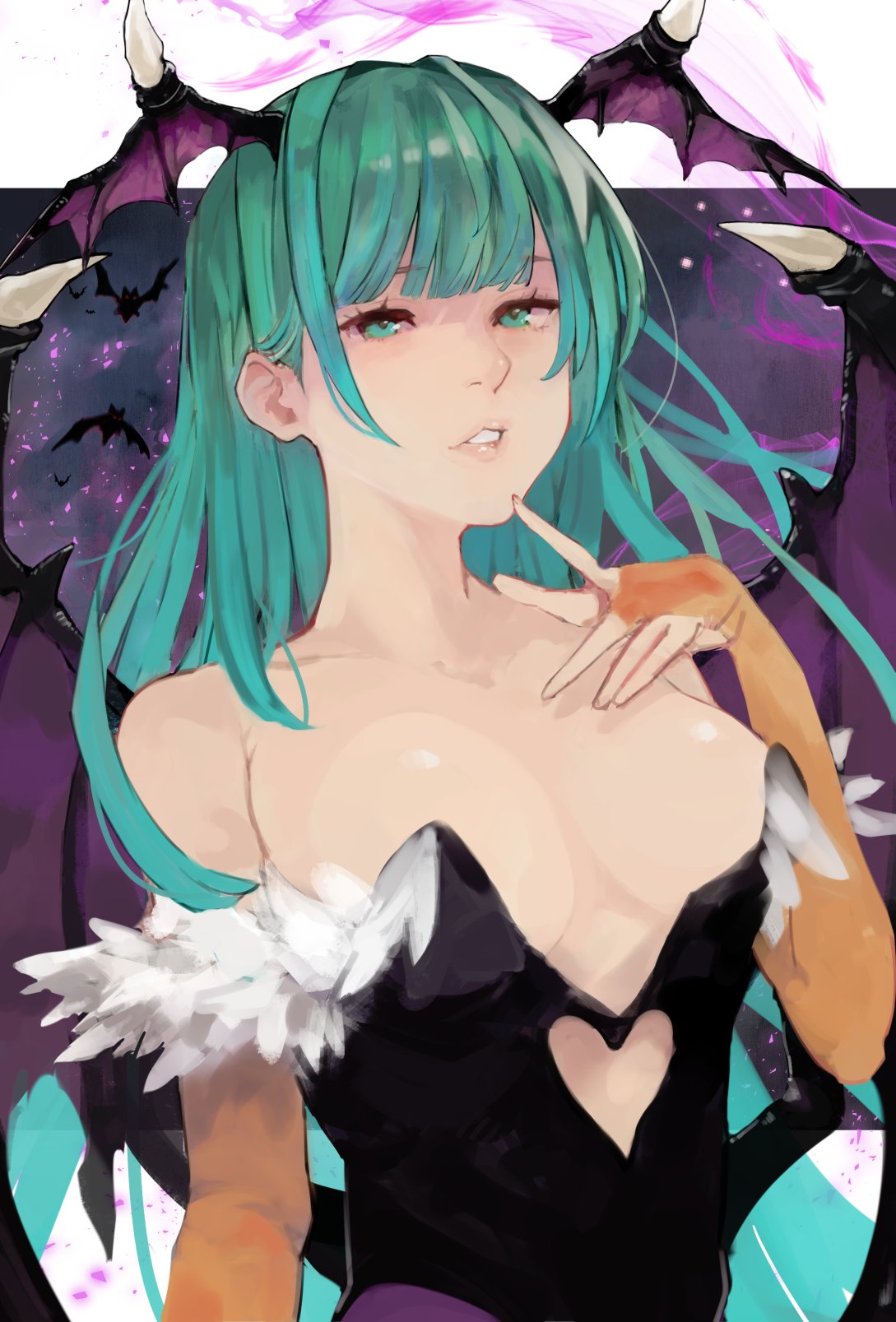 1girl black_leotard blunt_bangs breasts cleavage clothing_cutout green_eyes green_hair head_wings heart_cutout highres leotard levvellevvel long_hair looking_at_viewer morrigan_aensland parted_lips solo strapless strapless_leotard upper_body vampire_(game) wings