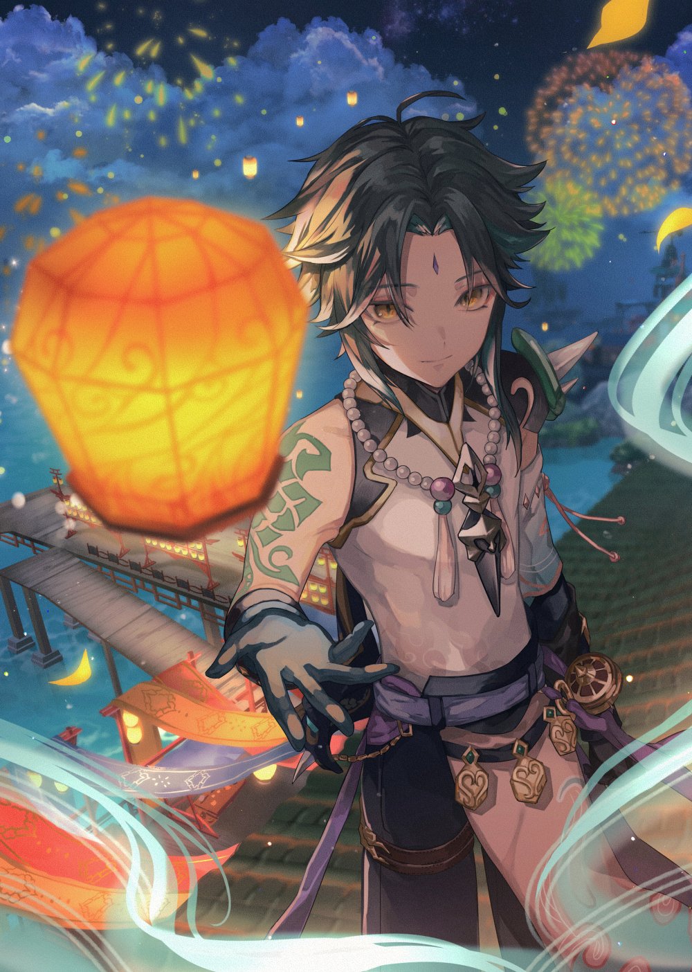 1boy arm_tattoo bead_necklace beads black_hair blue_hair blurry blurry_background building closed_mouth cloud dock facial_mark fireworks forehead_mark genshin_impact gloves highres jewelry lantern leaf looking_at_viewer male_focus multicolored_hair necklace night night_sky obakeno_m orange_eyes outdoors sky solo tattoo water xiao_(genshin_impact)