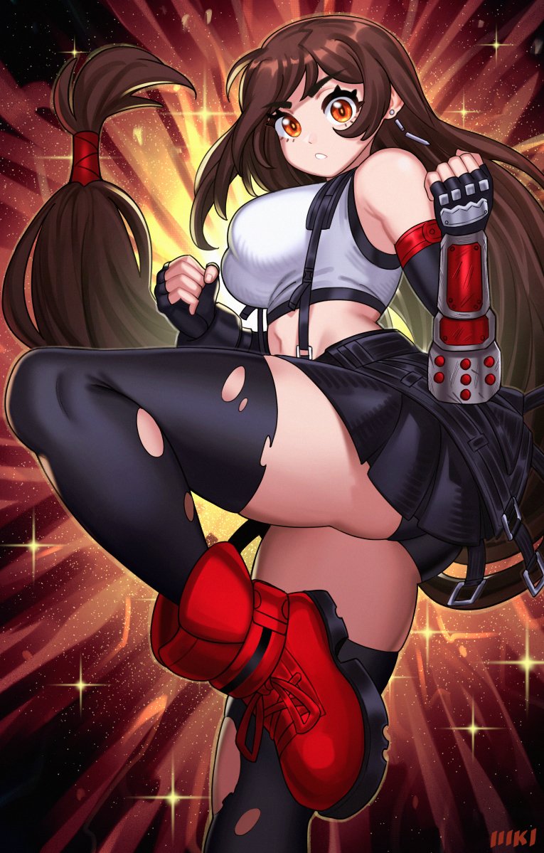 1girl black_thighhighs brown_eyes brown_hair clenched_hands dangle_earrings earrings elbow_pads final_fantasy final_fantasy_vii final_fantasy_vii_remake fingerless_gloves gloves jewelry lokigun long_hair low-tied_long_hair shirt single_elbow_pad skirt solo sparkle_background standing standing_on_one_leg suspender_skirt suspenders tank_top taut_clothes taut_shirt thighhighs tifa_lockhart torn_clothes torn_thighhighs white_tank_top